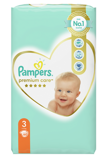Pampers Дитячі одноразові підгузки Pampers Premium Care Розмір 3 Midi (6&ndash;10 кг), 60 шт Pampers3Midi60 фото