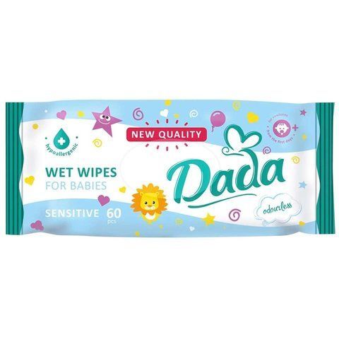 Дитячі гіпоалергенні вологі серветки Dada Sensitive 60 штук без клапана DadaSensitive60 фото
