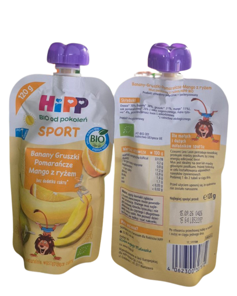 Пюре HiPP ORGANIC Банани, груші, апельсини, манго з рисом 120 г, від 12 міс 120Hipp307872 фото